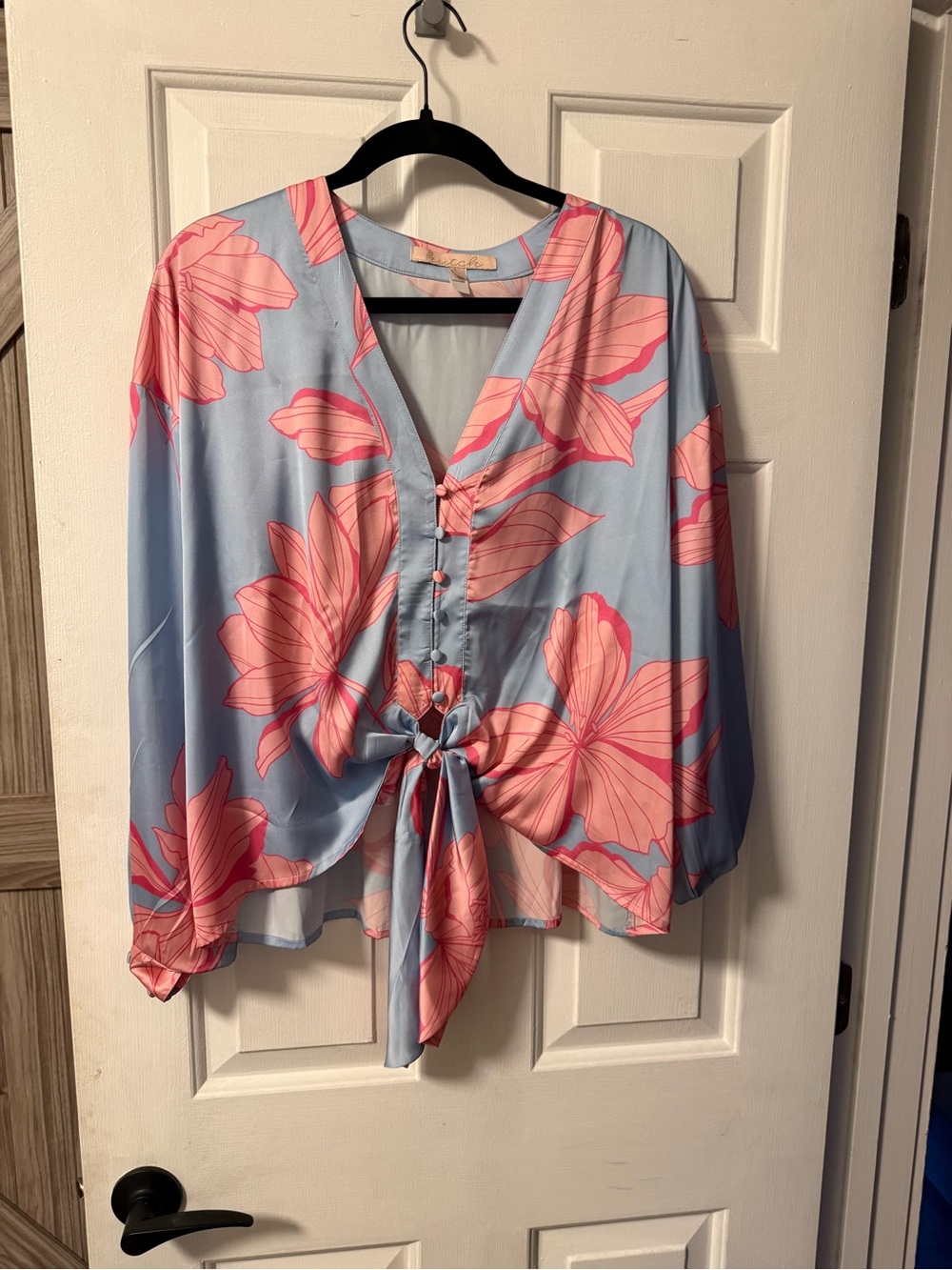 Anthropologie Hutch Blue Floral Tie-Front Blouse with Pink Blooms